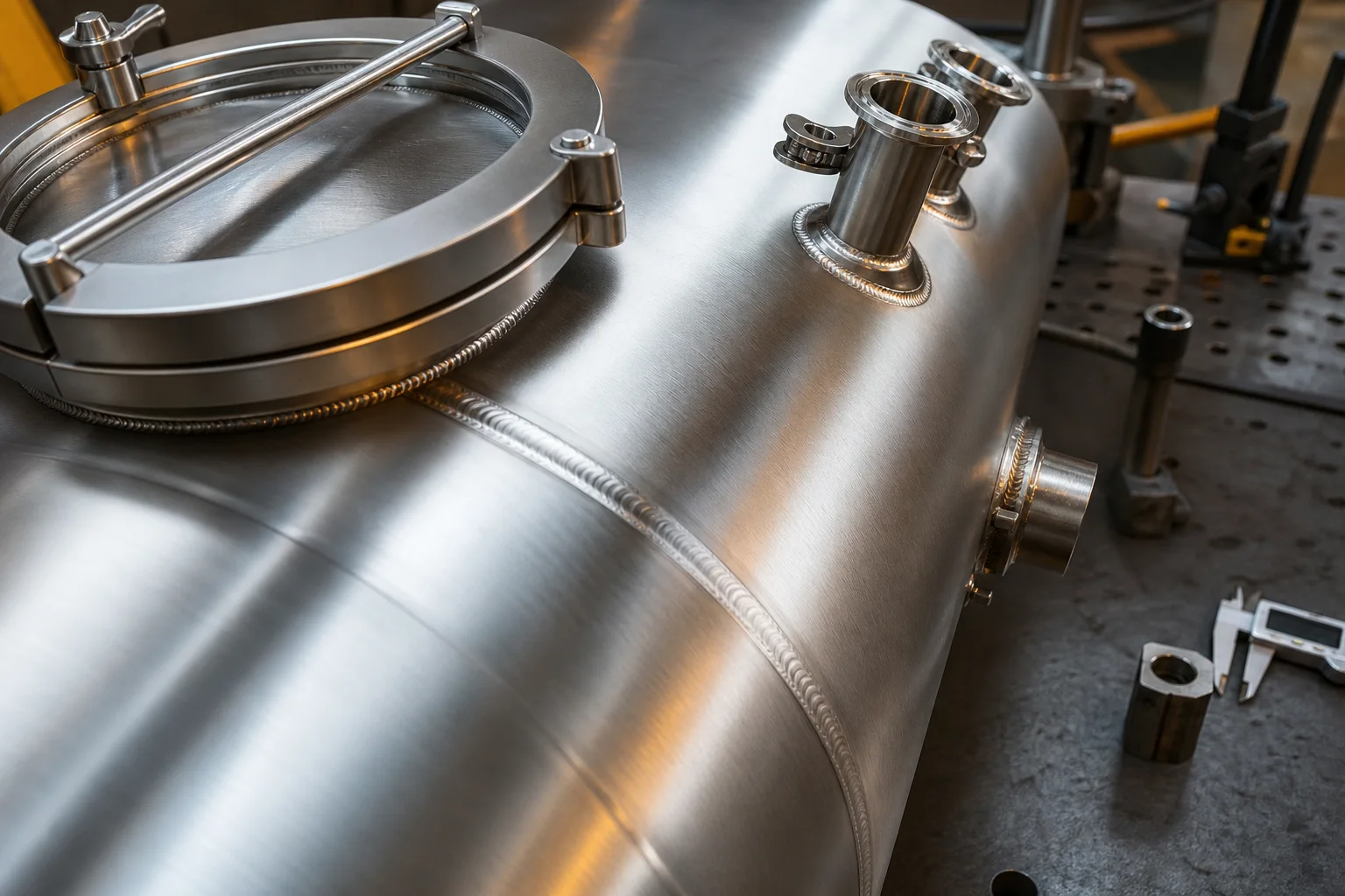 Superfície, solda e conexões de um equipamento inox