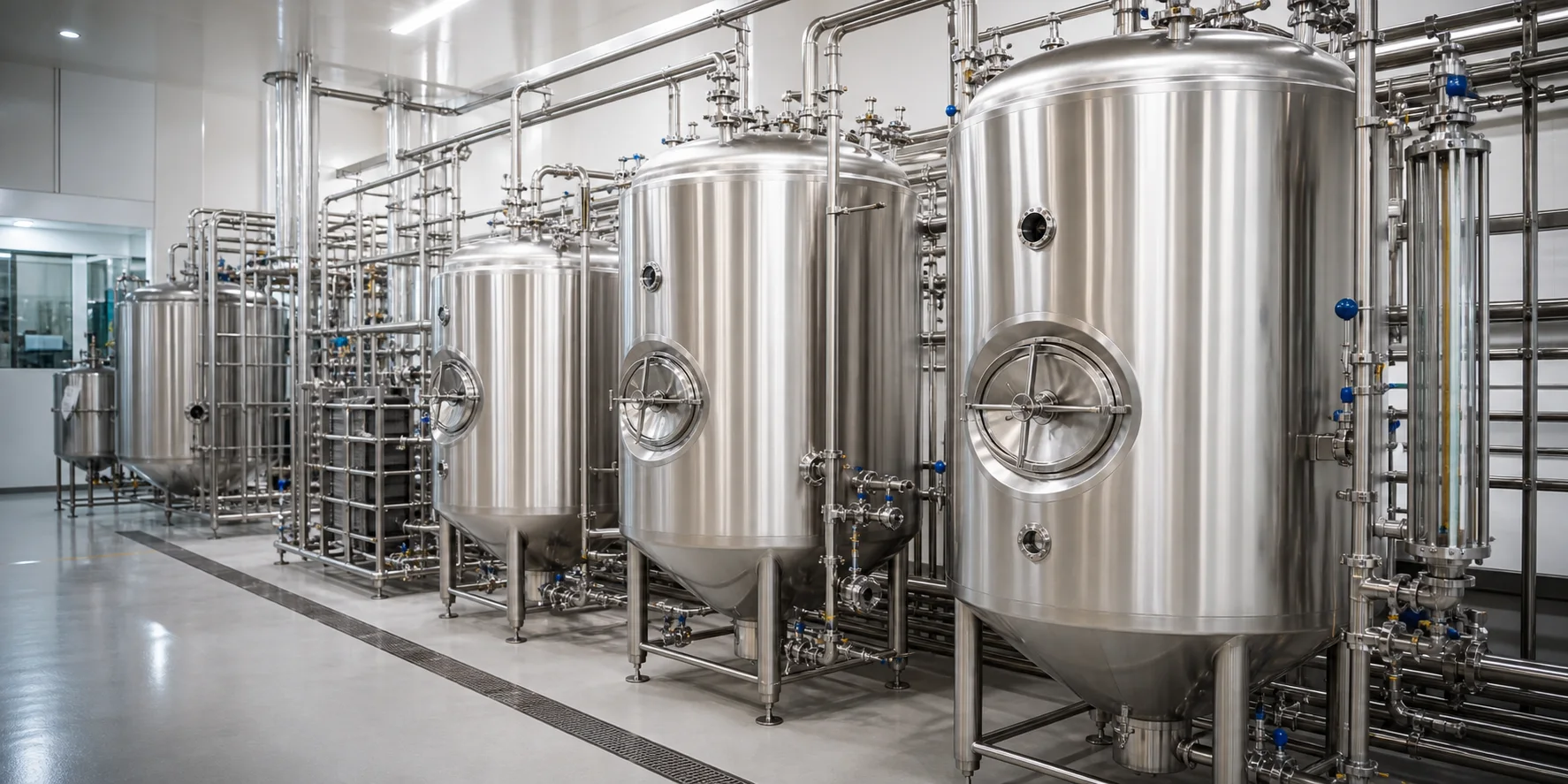 Linha de produção alimentícia com tanques e tubulações inox